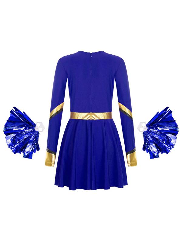 Kids Girls V Neck Long Sleeve Metallic Cheerleading Dress with Flower Balls thumb