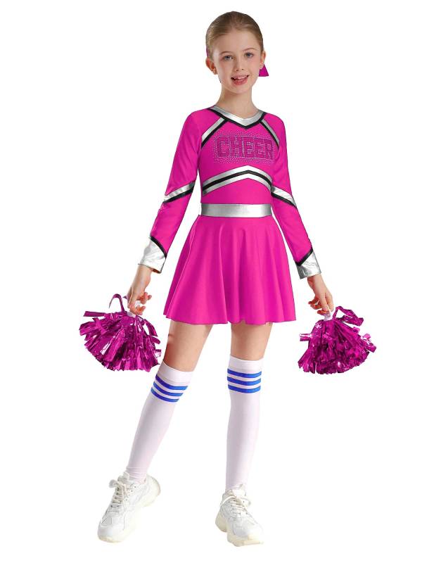 Kids Girls V Neck Long Sleeve Metallic Cheerleading Dress with Flower Balls thumb
