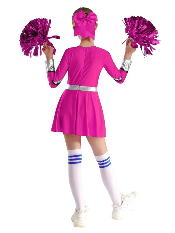 Kids Girls V Neck Long Sleeve Metallic Cheerleading Dress with Flower Balls thumb