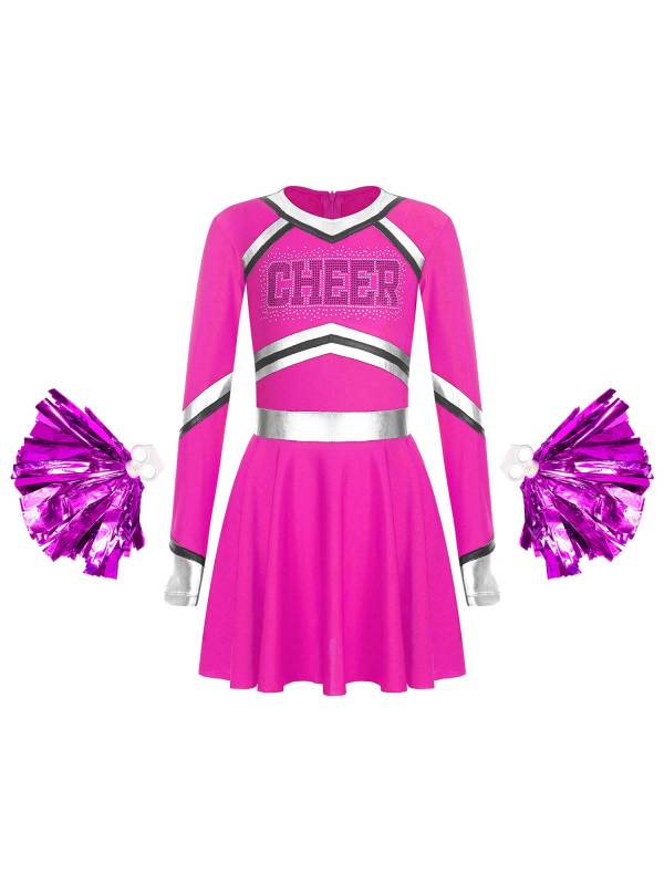 Kids Girls V Neck Long Sleeve Metallic Cheerleading Dress with Flower Balls thumb