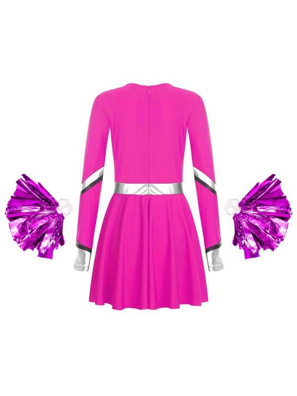 Kids Girls V Neck Long Sleeve Metallic Cheerleading Dress with Flower Balls thumb