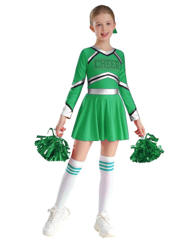 Kids Girls V Neck Long Sleeve Metallic Cheerleading Dress with Flower Balls thumb