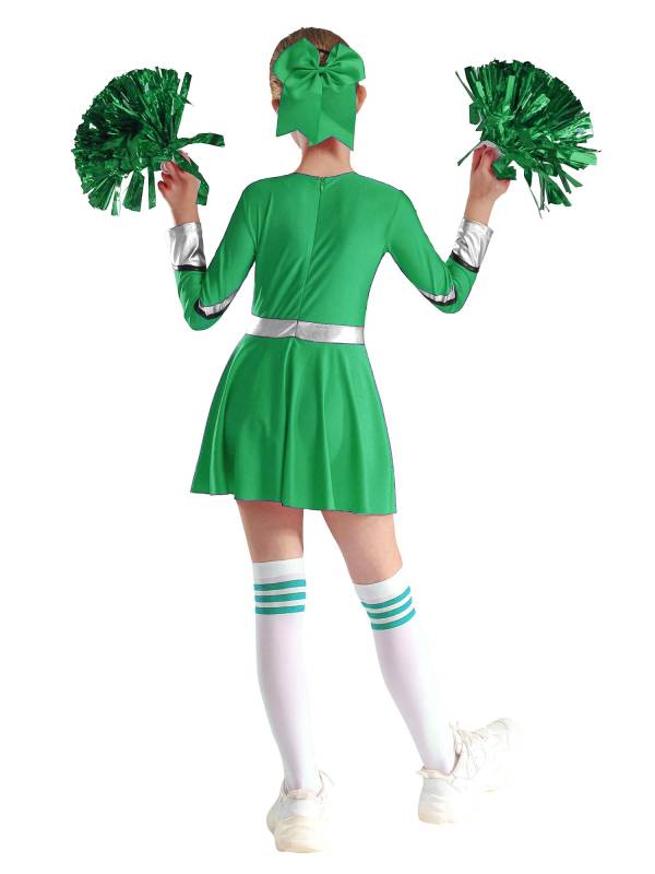Kids Girls V Neck Long Sleeve Metallic Cheerleading Dress with Flower Balls thumb