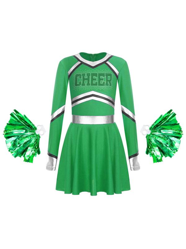 Kids Girls V Neck Long Sleeve Metallic Cheerleading Dress with Flower Balls thumb