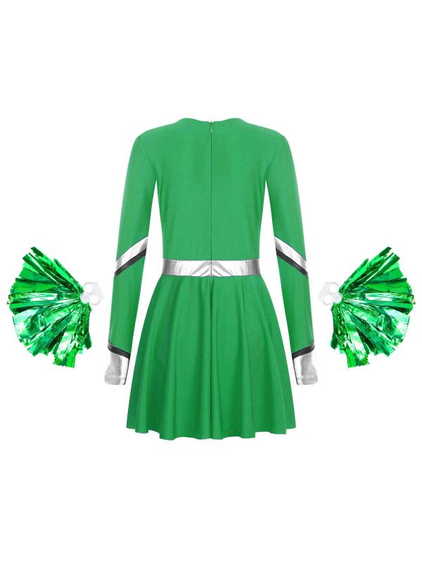 Kids Girls V Neck Long Sleeve Metallic Cheerleading Dress with Flower Balls thumb