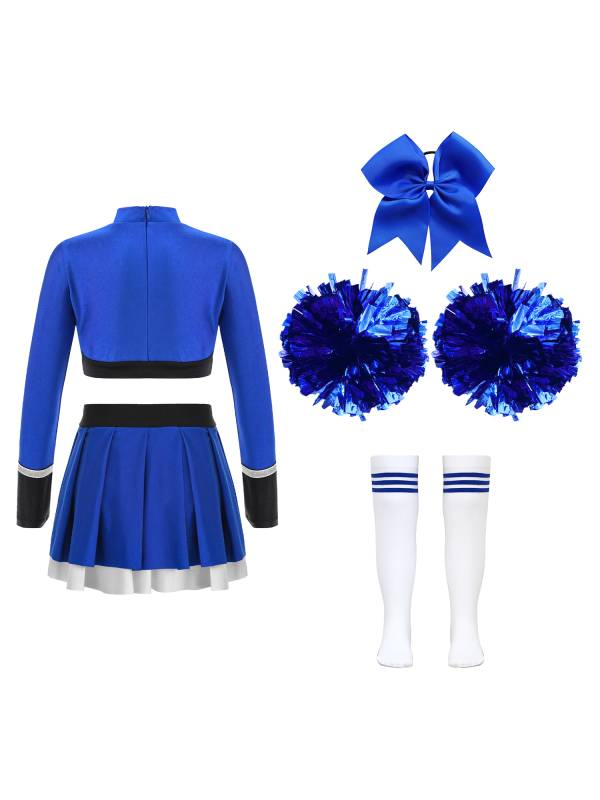 Kids Girls 7pcs Long Sleeve Rhinestone Crop Top  and Skirt Cheerleading Sets thumb