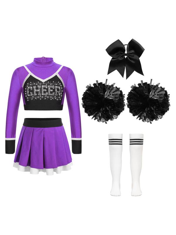 Kids Girls 7pcs Long Sleeve Rhinestone Crop Top  and Skirt Cheerleading Sets thumb