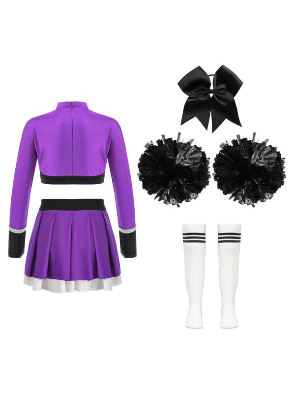 Kids Girls 7pcs Long Sleeve Rhinestone Crop Top  and Skirt Cheerleading Sets thumb