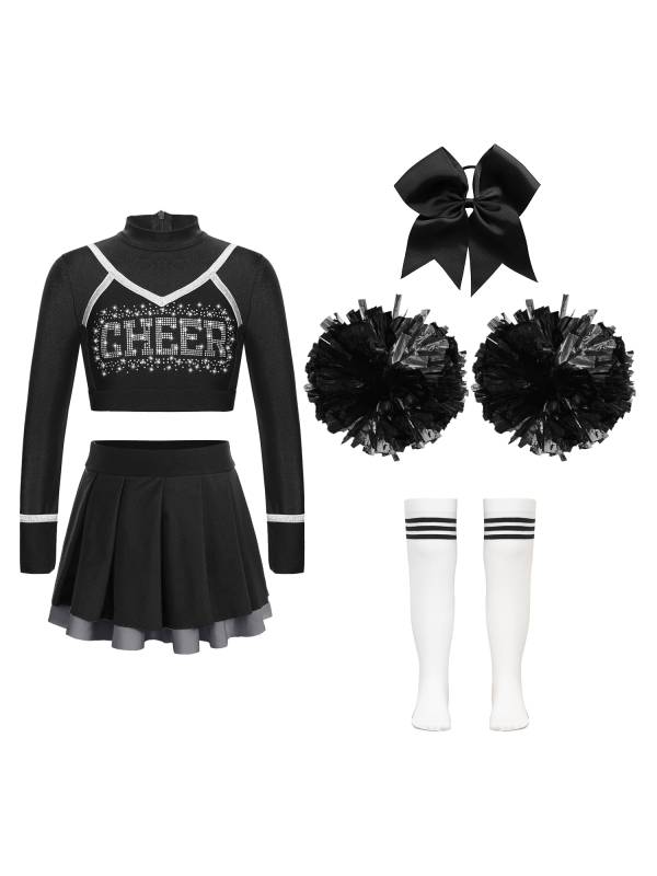 Kids Girls 7pcs Long Sleeve Rhinestone Crop Top  and Skirt Cheerleading Sets thumb
