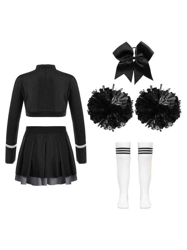Kids Girls 7pcs Long Sleeve Rhinestone Crop Top  and Skirt Cheerleading Sets thumb