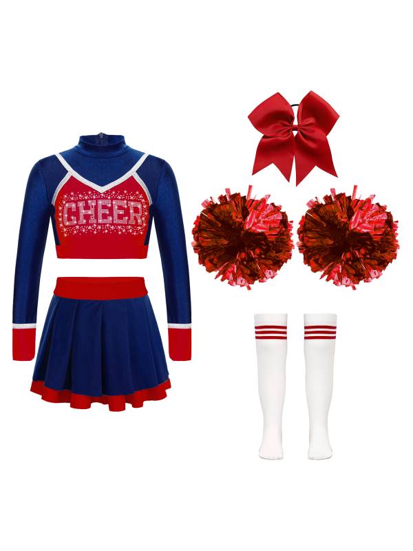 Kids Girls 7pcs Long Sleeve Rhinestone Crop Top  and Skirt Cheerleading Sets thumb