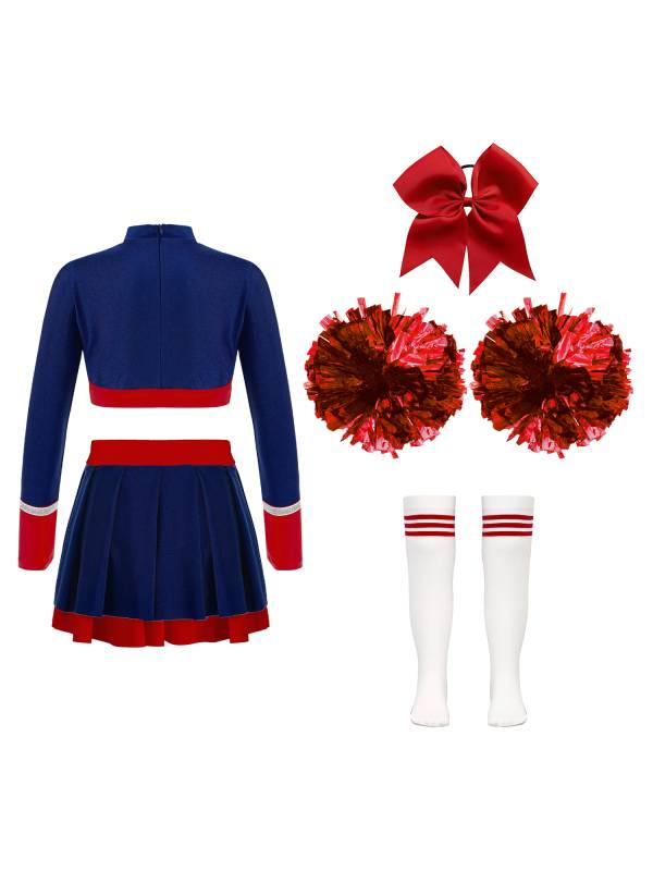 Kids Girls 7pcs Long Sleeve Rhinestone Crop Top  and Skirt Cheerleading Sets thumb
