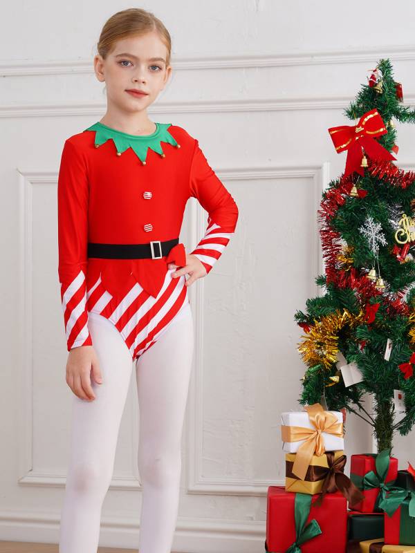 Kids Girls Christmas Long Sleeve Stripes Dance Leotard with Belt thumb