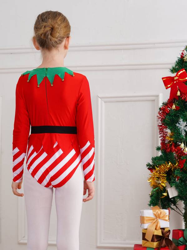 Kids Girls Christmas Long Sleeve Stripes Dance Leotard with Belt thumb
