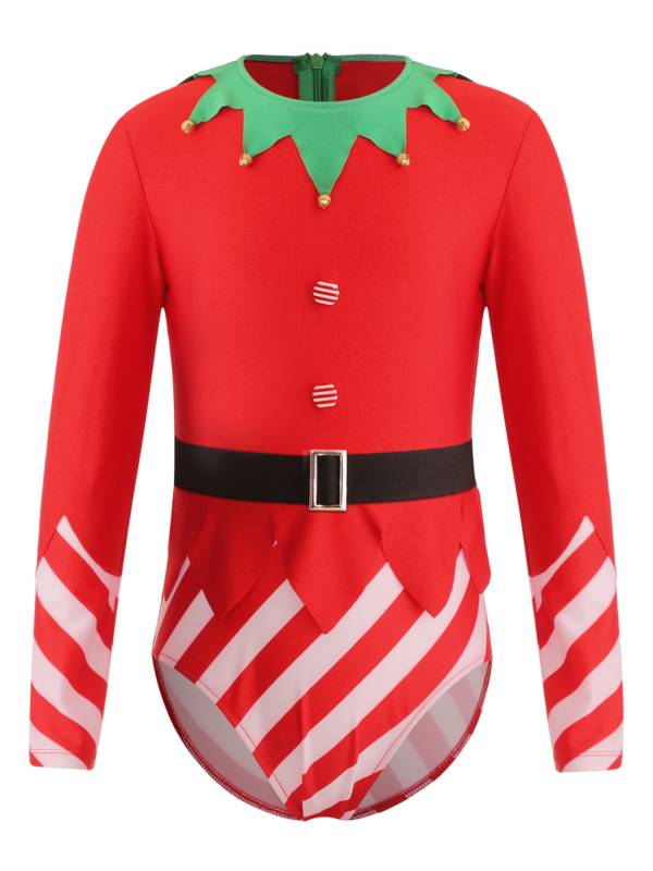 Kids Girls Christmas Long Sleeve Stripes Dance Leotard with Belt thumb