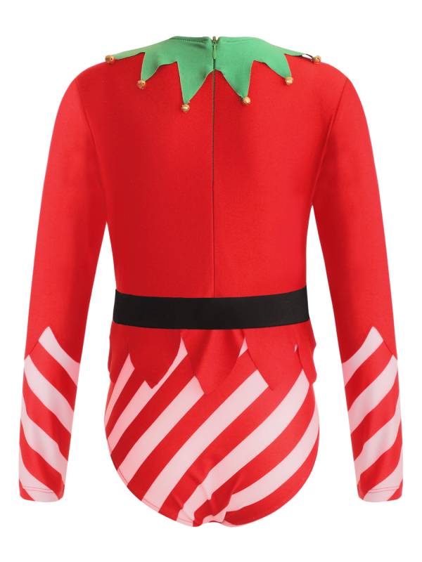 Kids Girls Christmas Long Sleeve Stripes Dance Leotard with Belt thumb