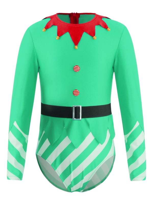 Kids Girls Christmas Long Sleeve Stripes Dance Leotard with Belt thumb