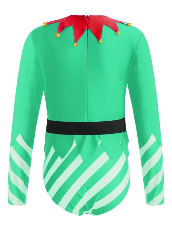 Kids Girls Christmas Long Sleeve Stripes Dance Leotard with Belt thumb