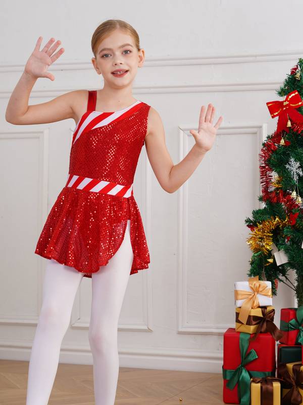 Kids Girls Christmas Sleeveless Sequins Dance Leotard Dress thumb