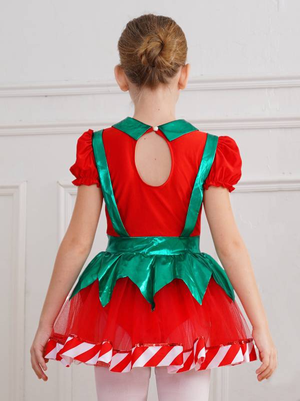 Kids Girls Christmas Puff Sleeve Bow Stripes Tutu Dress thumb