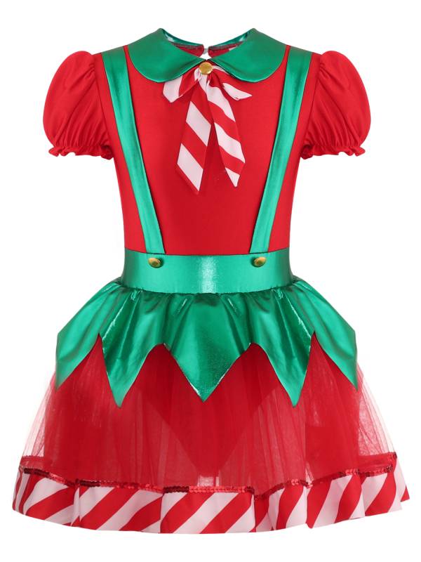 Kids Girls Christmas Puff Sleeve Bow Stripes Tutu Dress thumb