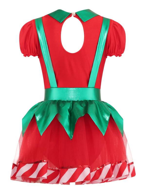 Kids Girls Christmas Puff Sleeve Bow Stripes Tutu Dress thumb