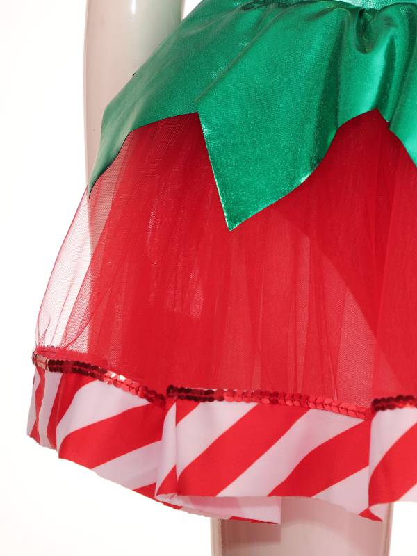 Kids Girls Christmas Puff Sleeve Bow Stripes Tutu Dress thumb