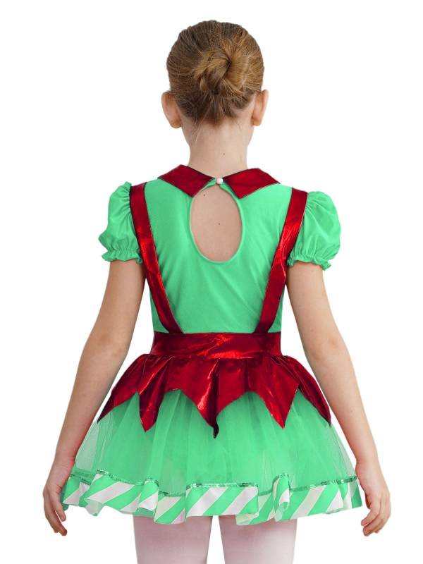 Kids Girls Christmas Puff Sleeve Bow Stripes Tutu Dress thumb