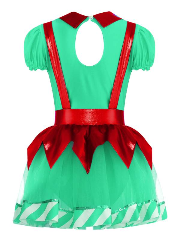 Kids Girls Christmas Puff Sleeve Bow Stripes Tutu Dress thumb