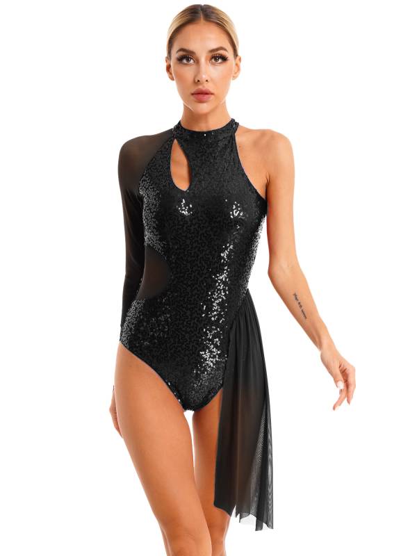 Women Glitter Sequins One Shoulder Figure Skating Leotard thumb