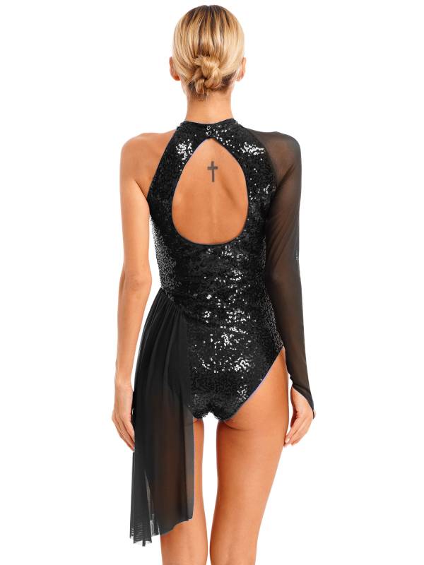 Women Glitter Sequins One Shoulder Figure Skating Leotard thumb