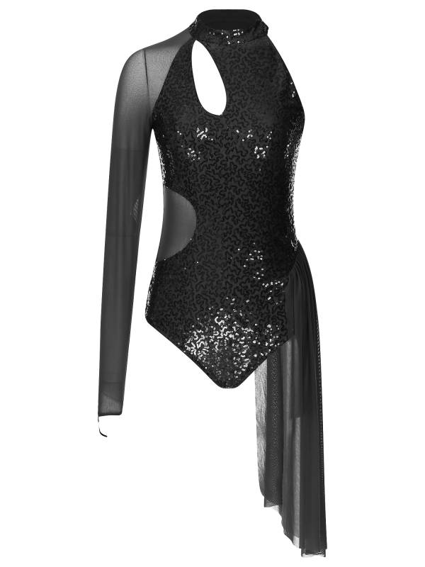 Women Glitter Sequins One Shoulder Figure Skating Leotard thumb