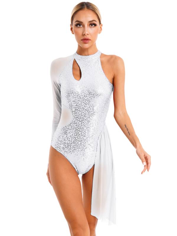 Women Glitter Sequins One Shoulder Figure Skating Leotard thumb