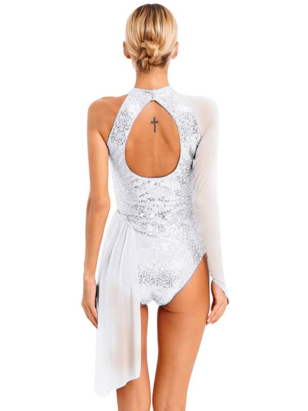 Women Glitter Sequins One Shoulder Figure Skating Leotard thumb