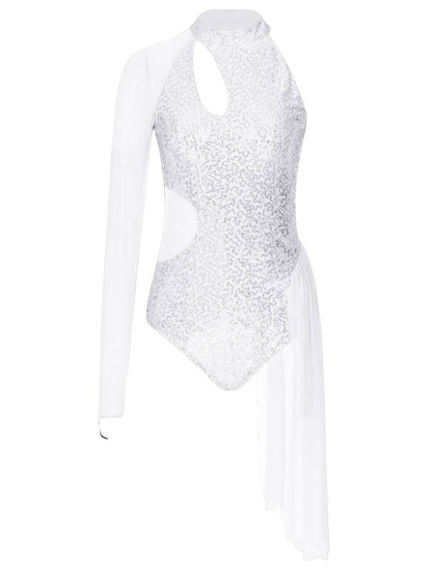 Women Glitter Sequins One Shoulder Figure Skating Leotard thumb