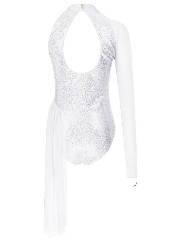 Women Glitter Sequins One Shoulder Figure Skating Leotard thumb