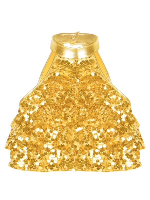 Kids Girls Sleeveless Sequin Tiered Jazz Dance Crop Top thumb