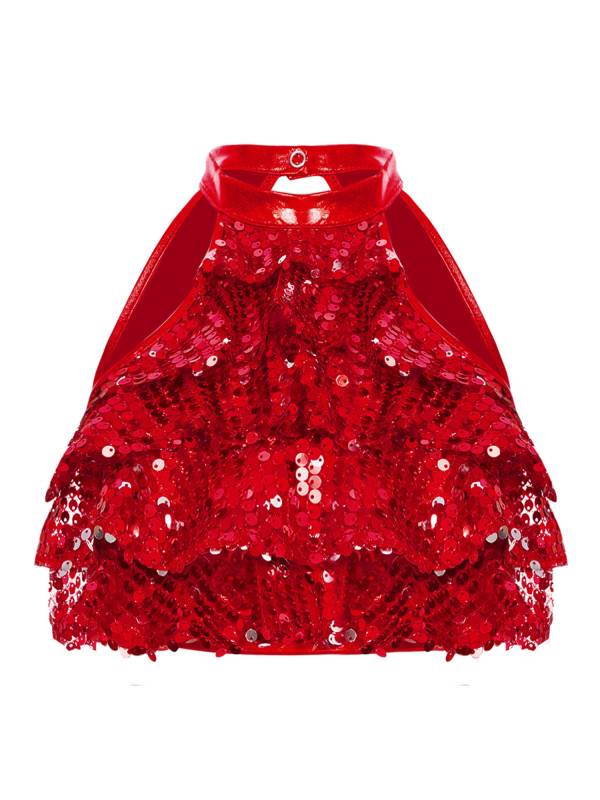 Kids Girls Sleeveless Sequin Tiered Jazz Dance Crop Top thumb