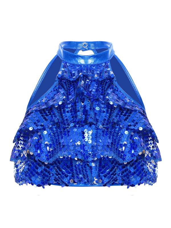 Kids Girls Sleeveless Sequin Tiered Jazz Dance Crop Top thumb