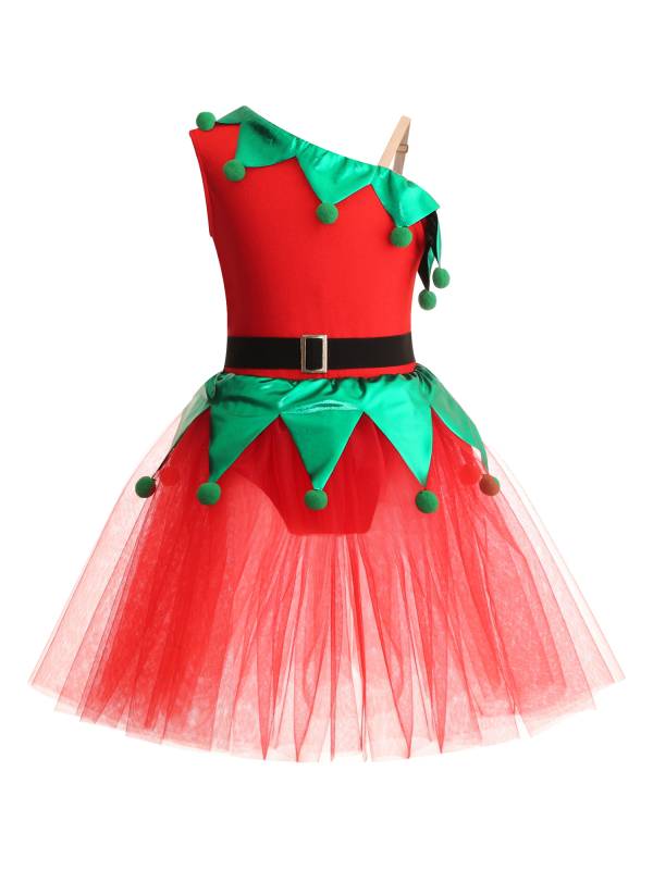 Kids Girls Christmas One Shoulder Sleeveless Pom Poms Mesh Tutu Dress with Belt thumb