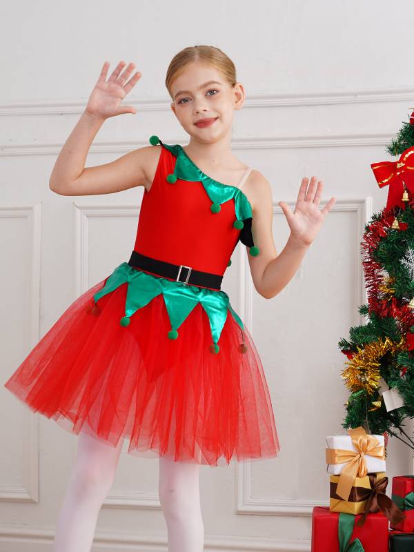 Kids Girls Christmas One Shoulder Sleeveless Pom Poms Mesh Tutu Dress with Belt thumb