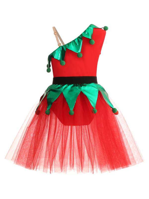 Kids Girls Christmas One Shoulder Sleeveless Pom Poms Mesh Tutu Dress with Belt thumb