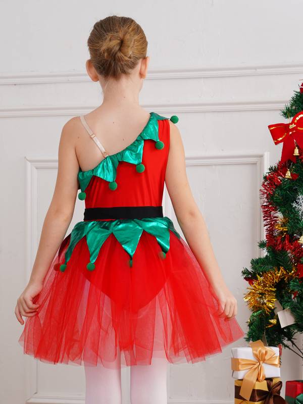 Kids Girls Christmas One Shoulder Sleeveless Pom Poms Mesh Tutu Dress with Belt thumb