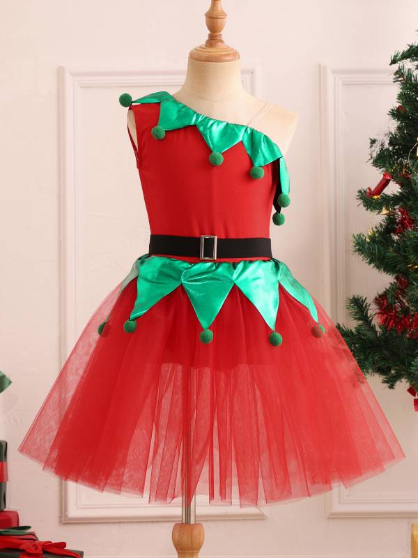 Kids Girls Christmas One Shoulder Sleeveless Pom Poms Mesh Tutu Dress with Belt thumb