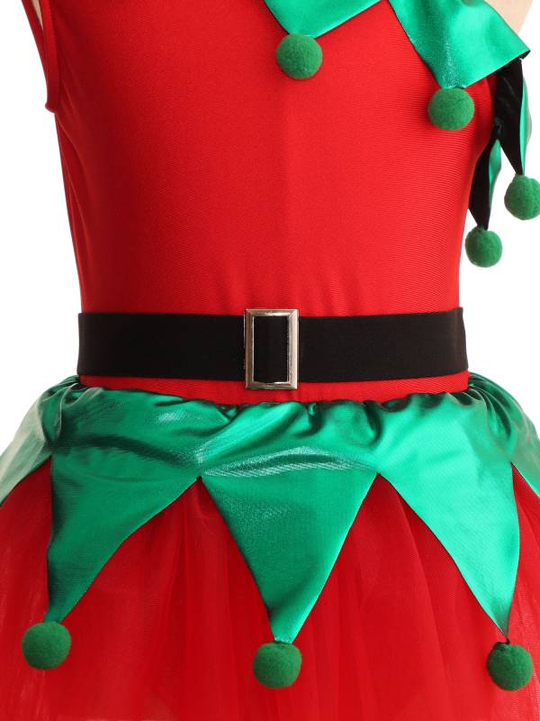 Kids Girls Christmas One Shoulder Sleeveless Pom Poms Mesh Tutu Dress with Belt thumb