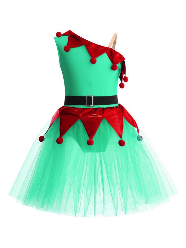 Kids Girls Christmas One Shoulder Sleeveless Pom Poms Mesh Tutu Dress with Belt thumb