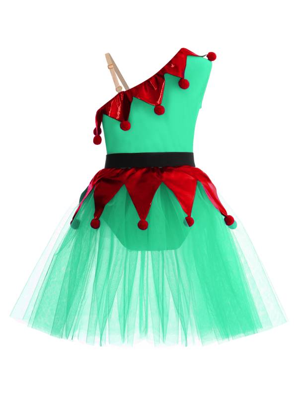Kids Girls Christmas One Shoulder Sleeveless Pom Poms Mesh Tutu Dress with Belt thumb