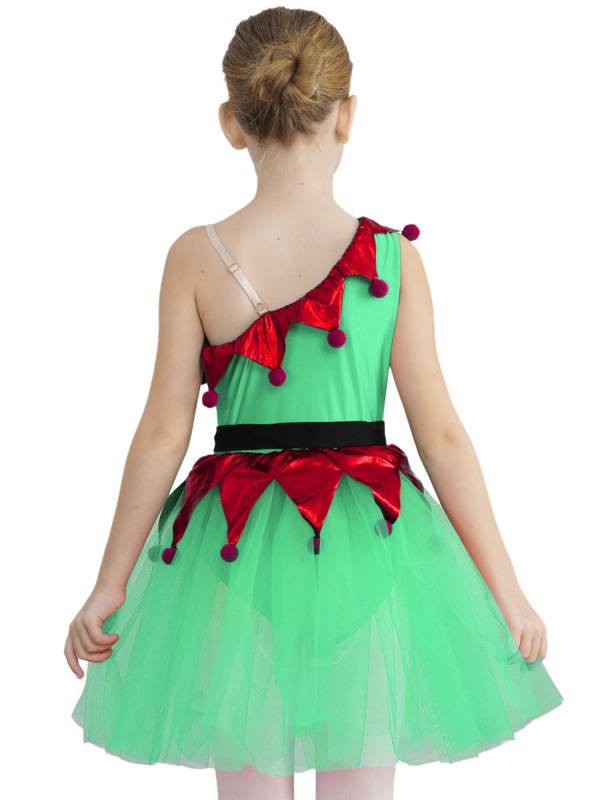 Kids Girls Christmas One Shoulder Sleeveless Pom Poms Mesh Tutu Dress with Belt thumb