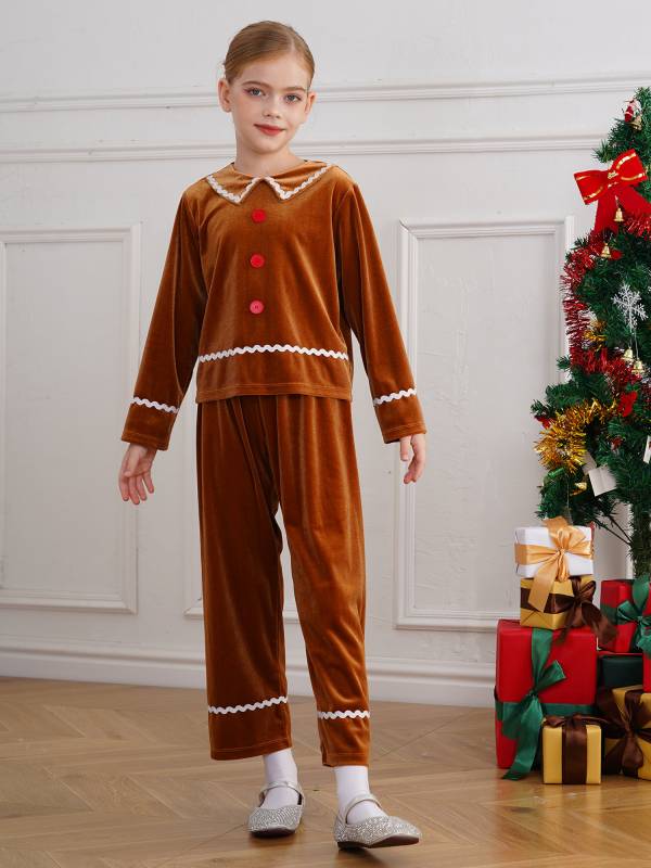 Kids 2pcs Velvet Long Sleeve Top and Pants Gingerbread Man Costume Suit thumb
