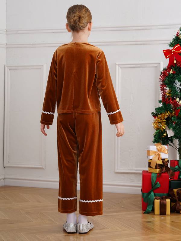 Kids 2pcs Velvet Long Sleeve Top and Pants Gingerbread Man Costume Suit thumb